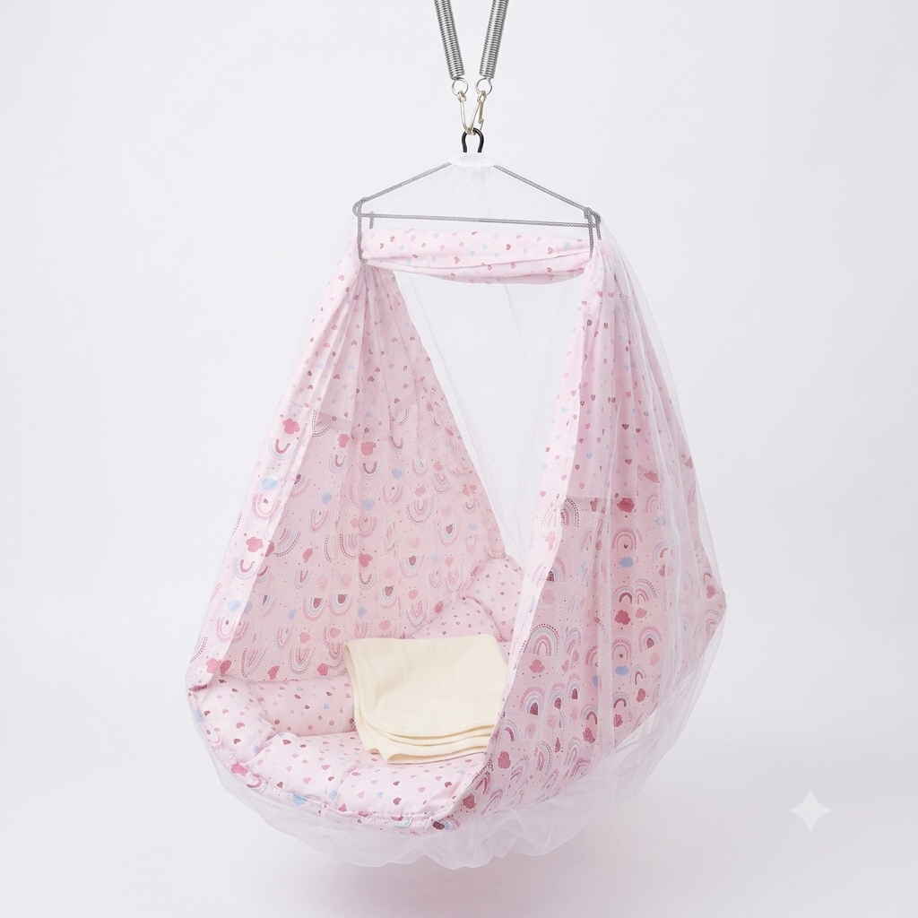 Portable Baby Hanging pink Swing Bed with Protective Mosquito Netting – Breathable Cotton Cloth Cradle for Infants