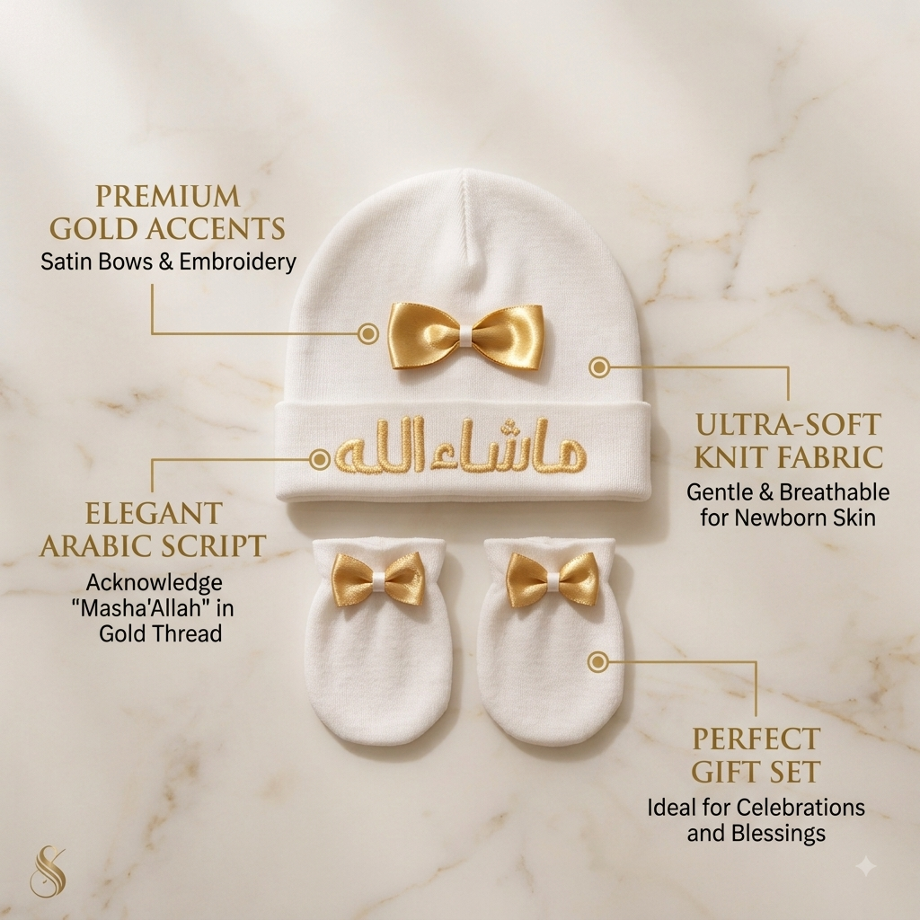 Mashallah Baby Hat & Scratch Mittens Set | Newborn Hospital Beanie with Gold Bow | Arabic Embroidered Islamic Gift | Soft Knit Cotton Baby Cap for Girls (White & Gold)