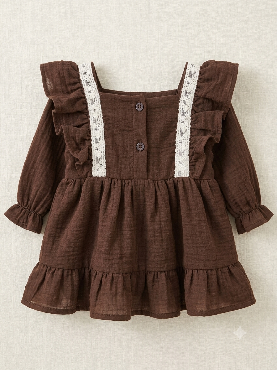 Vintage Brown Cotton Muslin Baby Girl Frock Dress – Long Sleeve Ruffle Lace Party Dress