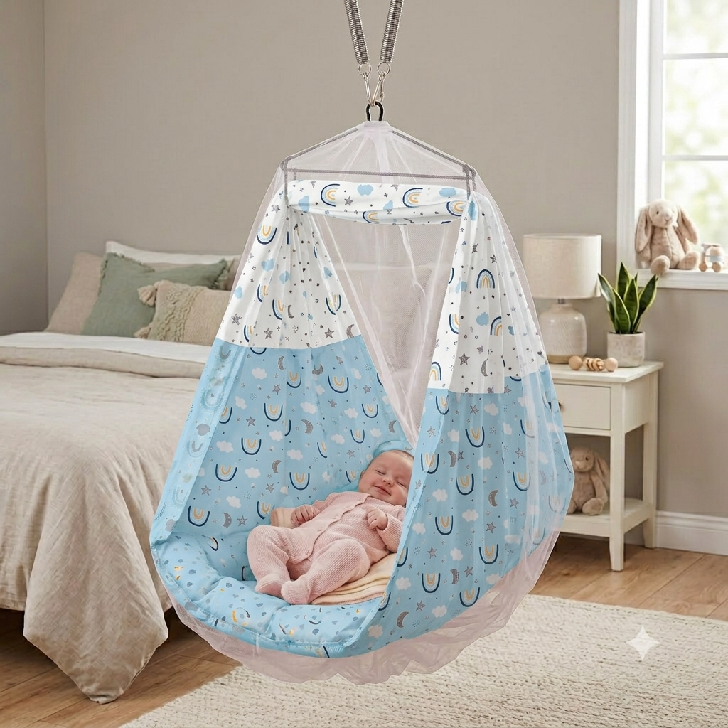Soft Cotton Baby Hanging Cradle Swing with Mosquito Net – Sky Blue Rainbow Print Infant Jhula