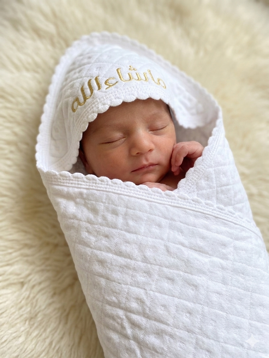 MashaAllah Baby Swaddle with Hood - Embroidered Gold Arabic Script - Soft Quilted Cotton Newborn Wrap - Traditional Islamic Baby Gift - Luxury Islamic Newborn Gift for Boys & Girls