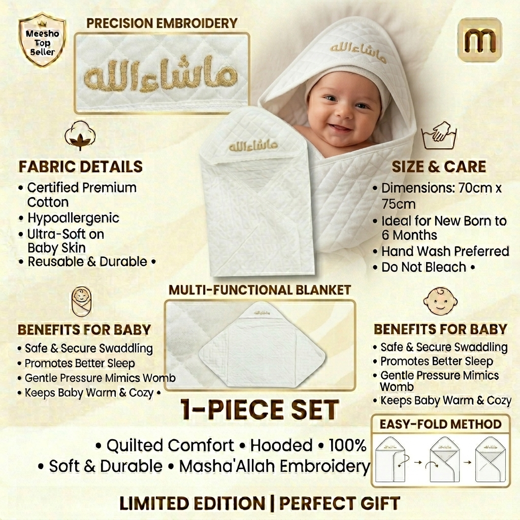 MashaAllah Baby Swaddle with Hood - Embroidered Gold Arabic Script - Soft Quilted Cotton Newborn Wrap - Traditional Islamic Baby Gift - Luxury Islamic Newborn Gift for Boys & Girls