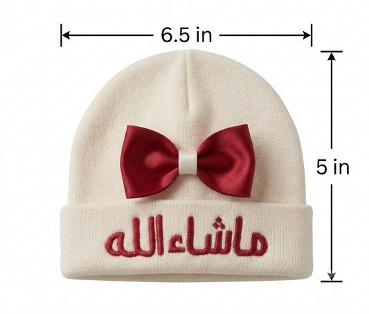 Customized Newborn Baby Cap with Red Bow and Red Arabic Embroidery ("Mashallah") - Off-White