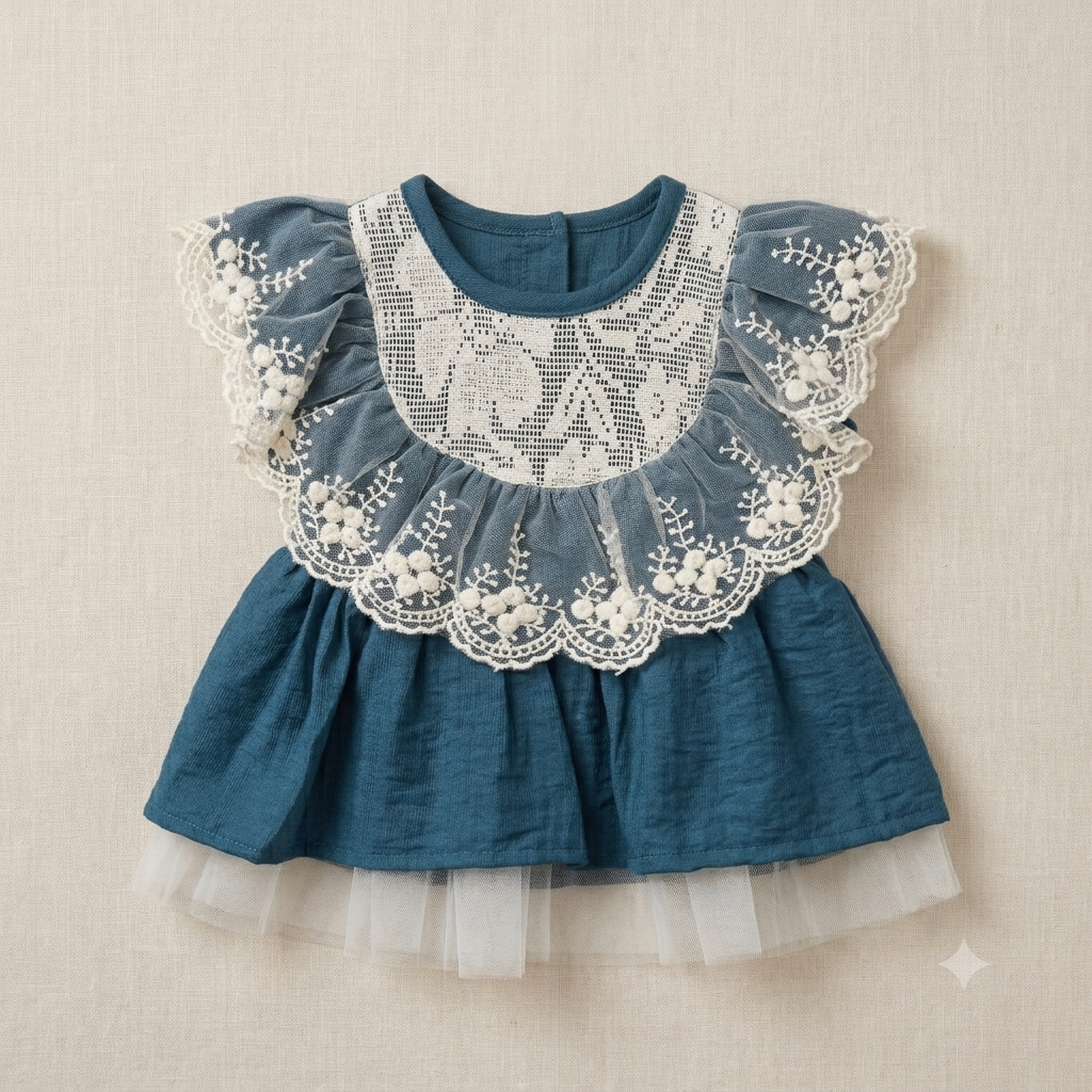 Cute Teal Blue Cotton Baby Girl Dress with Floral Lace Overlay – Elegant Newborn & Toddler Special Occasion Outfit