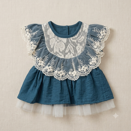 Cute Teal Blue Cotton Baby Girl Dress with Floral Lace Overlay – Elegant Newborn & Toddler Special Occasion Outfit