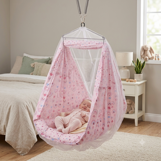 Portable Baby Hanging pink Swing Bed with Protective Mosquito Netting – Breathable Cotton Cloth Cradle for Infants