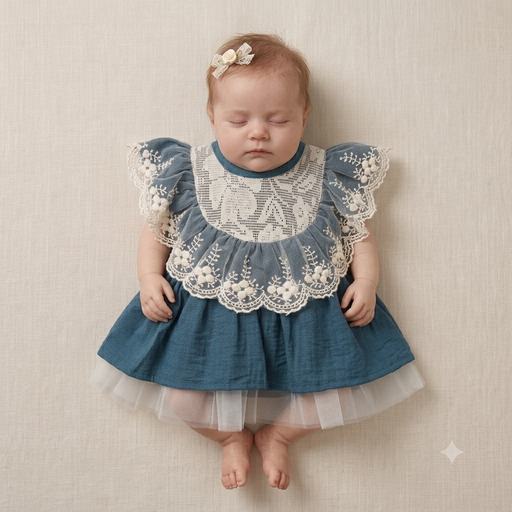 Cute Teal Blue Cotton Baby Girl Dress with Floral Lace Overlay – Elegant Newborn & Toddler Special Occasion Outfit