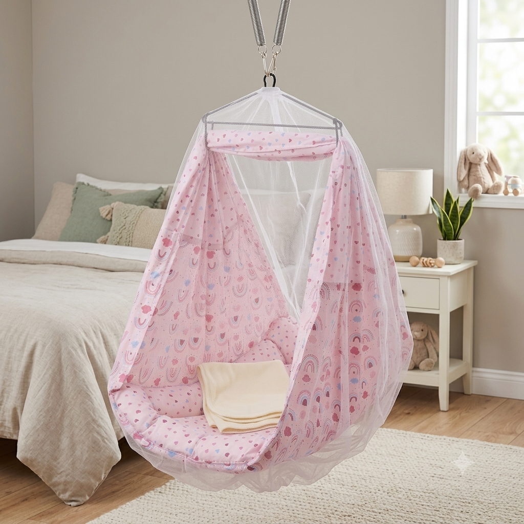 Portable Baby Hanging pink Swing Bed with Protective Mosquito Netting – Breathable Cotton Cloth Cradle for Infants
