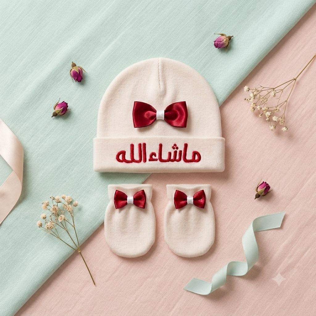 Customized Newborn Baby Cap with Red Bow and Red Arabic Embroidery ("Mashallah") - Off-White