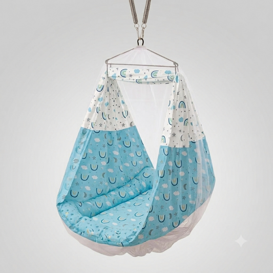 Premium Cotton Baby Hanging Cradle Swing with Mosquito Net – Light Blue Rainbow Print Infant Jhula
