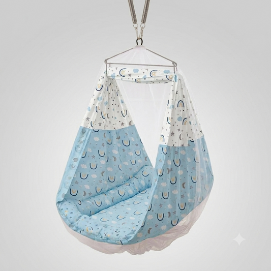 Soft Cotton Baby Hanging Cradle Swing with Mosquito Net – Sky Blue Rainbow Print Infant Jhula
