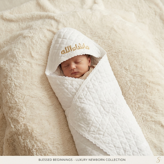 MashaAllah Baby Swaddle with Hood - Embroidered Gold Arabic Script - Soft Quilted Cotton Newborn Wrap - Traditional Islamic Baby Gift - Luxury Islamic Newborn Gift for Boys & Girls