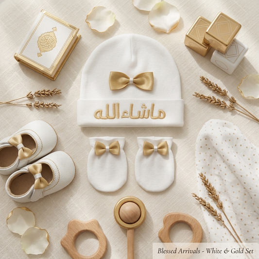 Mashallah Baby Hat & Scratch Mittens Set | Newborn Hospital Beanie with Gold Bow | Arabic Embroidered Islamic Gift | Soft Knit Cotton Baby Cap for Girls (White & Gold)