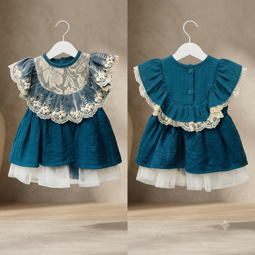 Cute Teal Blue Cotton Baby Girl Dress with Floral Lace Overlay – Elegant Newborn & Toddler Special Occasion Outfit