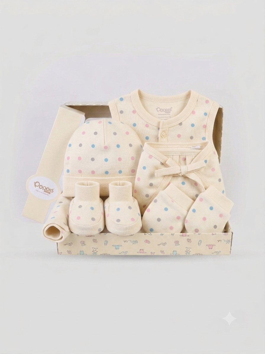 Popees Soft Cotton Baby Gift Set – Light Pink with Dark Pink & Light Blue Polka Dots (6-Piece Set)