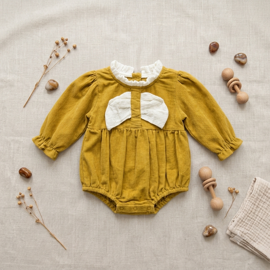 Vintage Mustard Yellow Corduroy Baby Romper – Long Sleeve Front Bow Bubble Outfit