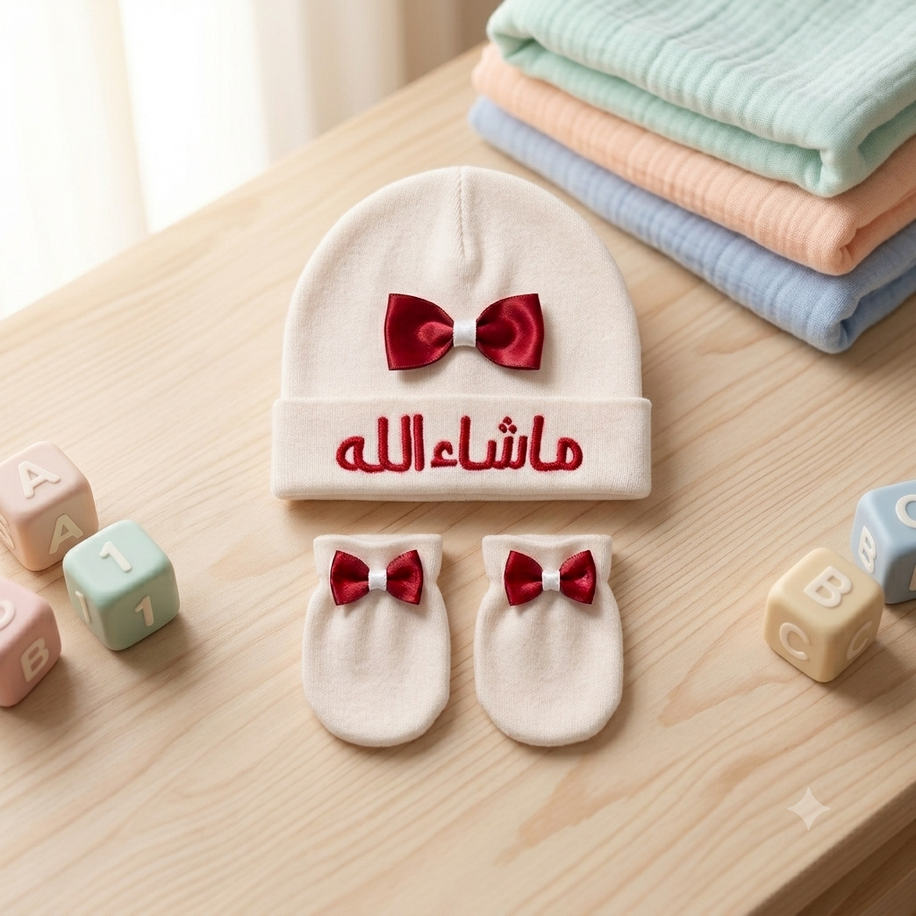 Customized Newborn Baby Cap with Red Bow and Red Arabic Embroidery ("Mashallah") - Off-White