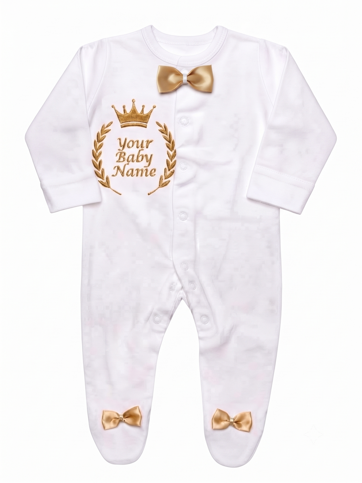 Borny Babes Personalized Baby Boy Cotton Romper – Custom Name & Crown Embroidery with Gold Bow Accent | Newborn Infant Sleepsuit (0–3 Months)