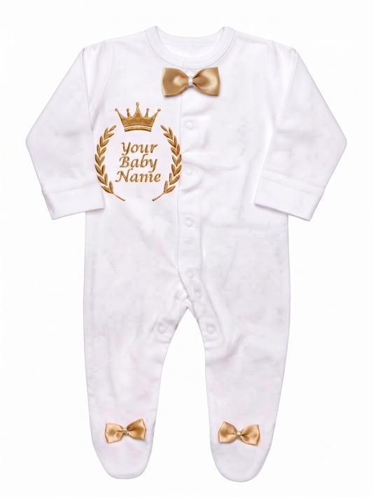 Borny Babes Personalized Baby Boy Cotton Romper – Custom Name & Crown Embroidery with Gold Bow Accent | Newborn Infant Sleepsuit (0–3 Months)