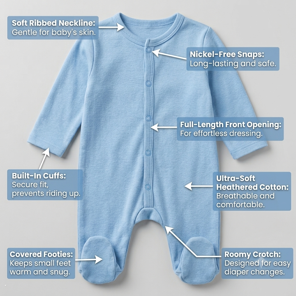 Unisex Light Blue Newborn Footie Onesie – Breathable Organic Cotton Long-Sleeve Baby Sleepsuit