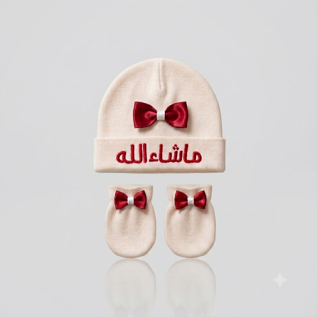 Customized Newborn Baby Cap with Red Bow and Red Arabic Embroidery ("Mashallah") - Off-White