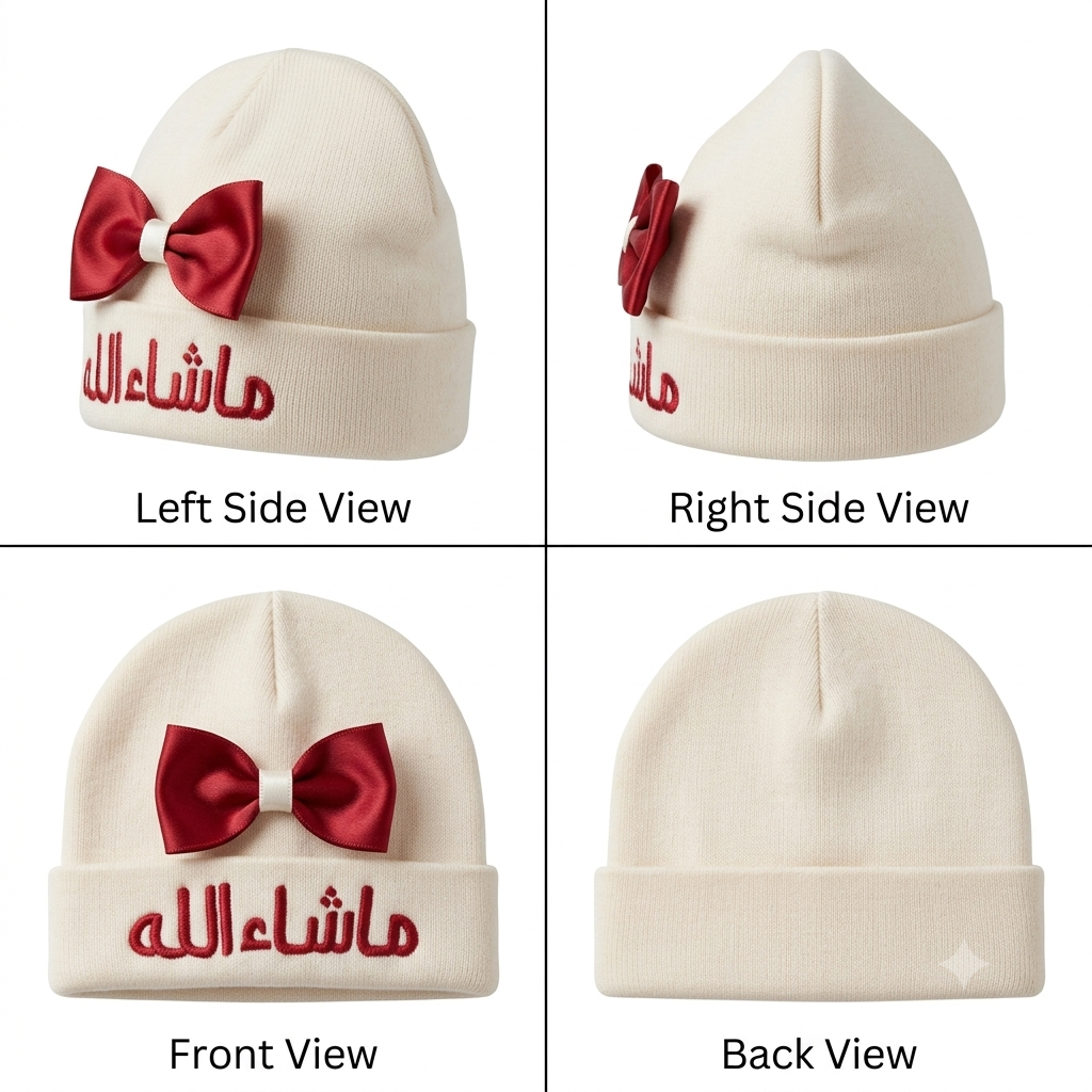 Customized Newborn Baby Cap with Red Bow and Red Arabic Embroidery ("Mashallah") - Off-White
