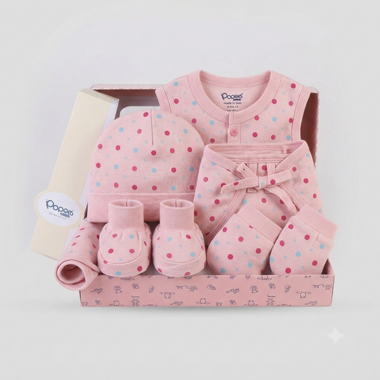 Popees Soft Cotton Baby Gift Set – Light Pink with Dark Pink & Light Blue Polka Dots (6-Piece Set)
