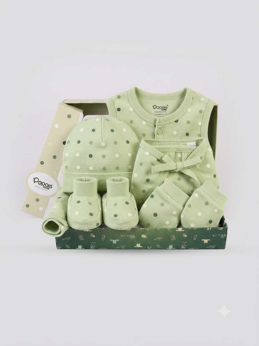Popees 6-Piece Baby Essential Clothing Gift Set for Boys (1–6 Months) – Polka Print Soft Cotton Layette Combo