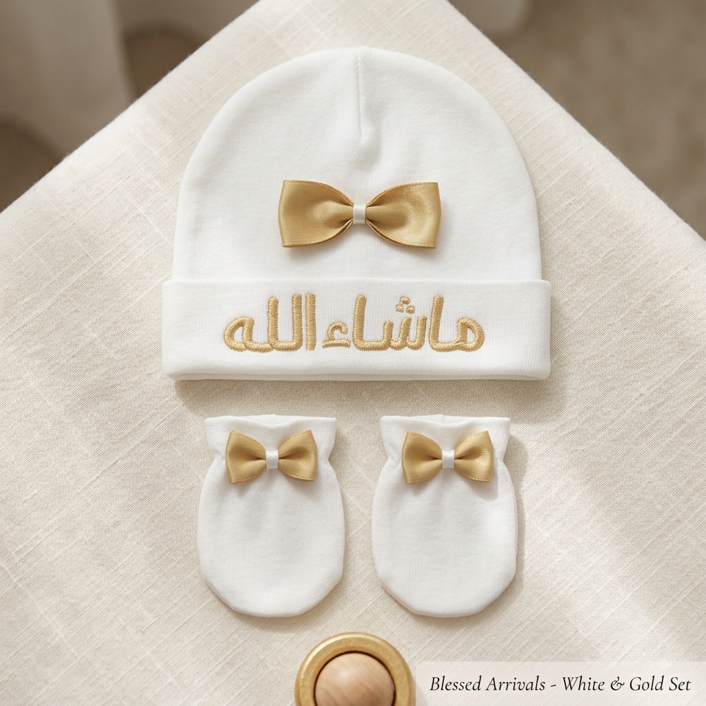 Mashallah Baby Hat & Scratch Mittens Set | Newborn Hospital Beanie with Gold Bow | Arabic Embroidered Islamic Gift | Soft Knit Cotton Baby Cap for Girls (White & Gold)