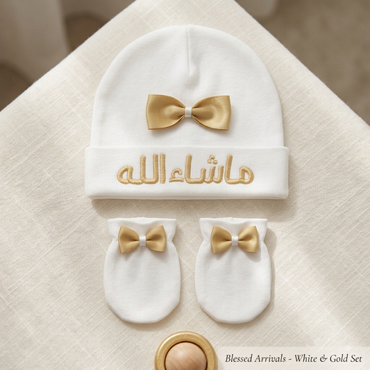 Mashallah Baby Hat & Scratch Mittens Set | Newborn Hospital Beanie with Gold Bow | Arabic Embroidered Islamic Gift | Soft Knit Cotton Baby Cap for Girls (White & Gold)