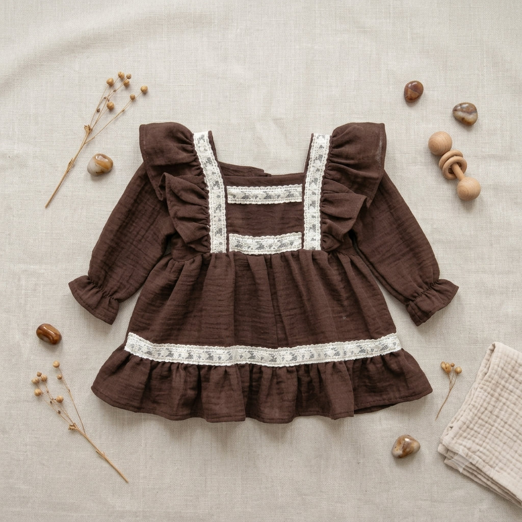 Vintage Brown Cotton Muslin Baby Girl Frock Dress – Long Sleeve Ruffle Lace Party Dress