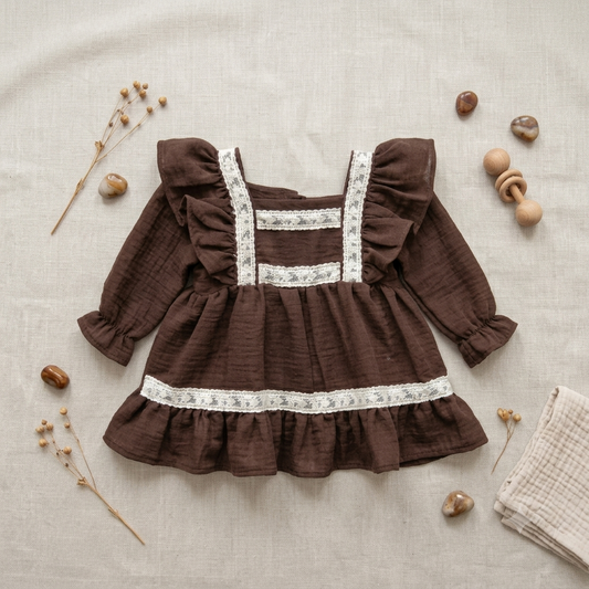 Vintage Brown Cotton Muslin Baby Girl Frock Dress – Long Sleeve Ruffle Lace Party Dress