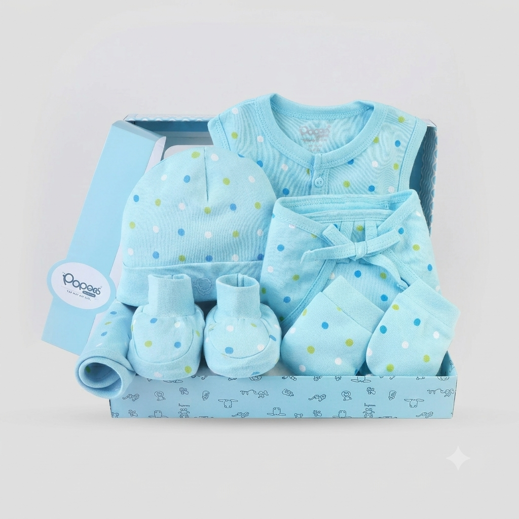 Popees 6-Piece Baby Essential Clothing Gift Set for Boys (1–6 Months) – Polka Print Soft Cotton Layette Combo
