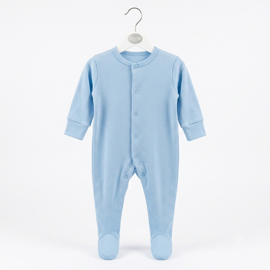 Unisex Light Blue Newborn Footie Onesie – Breathable Organic Cotton Long-Sleeve Baby Sleepsuit