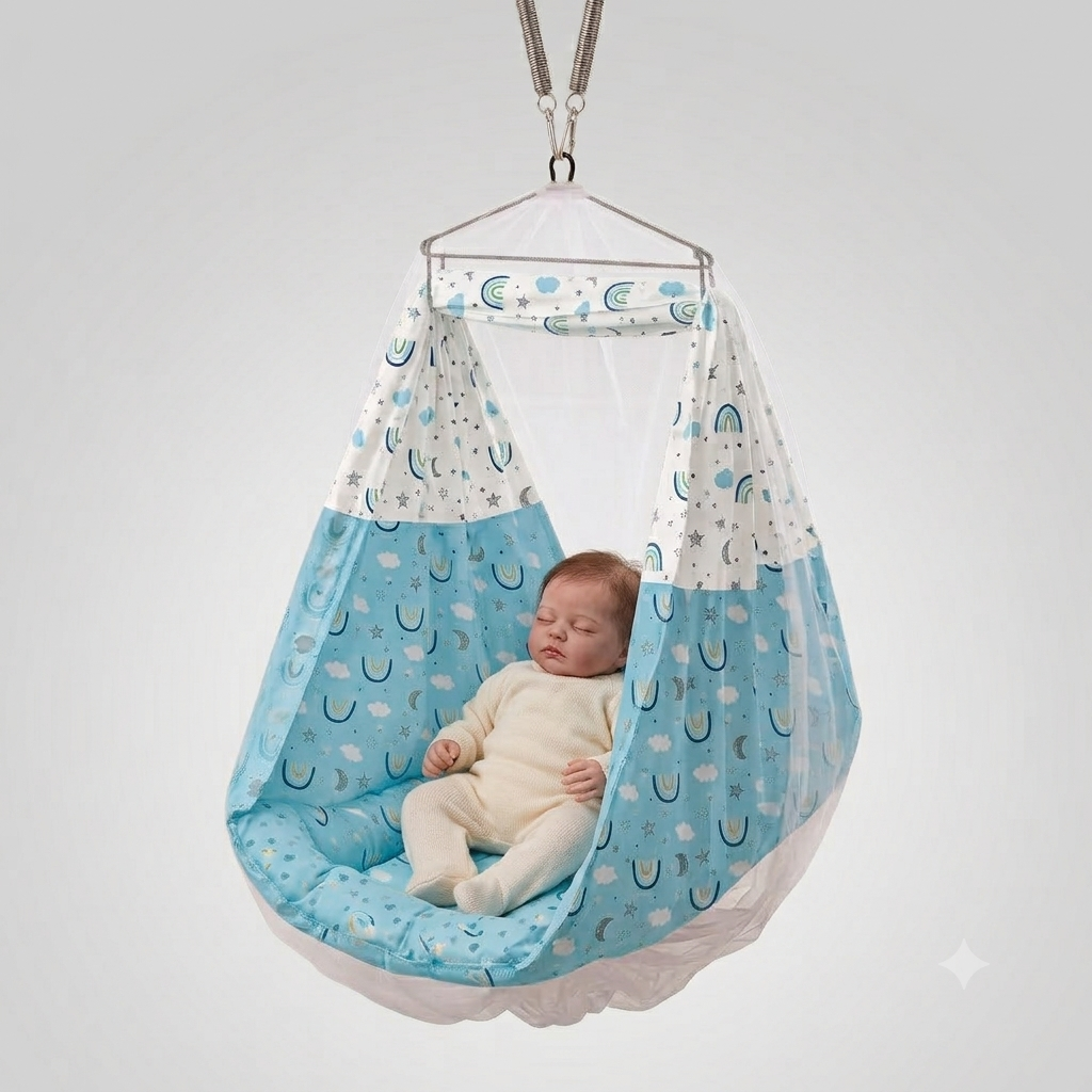Premium Cotton Baby Hanging Cradle Swing with Mosquito Net – Light Blue Rainbow Print Infant Jhula