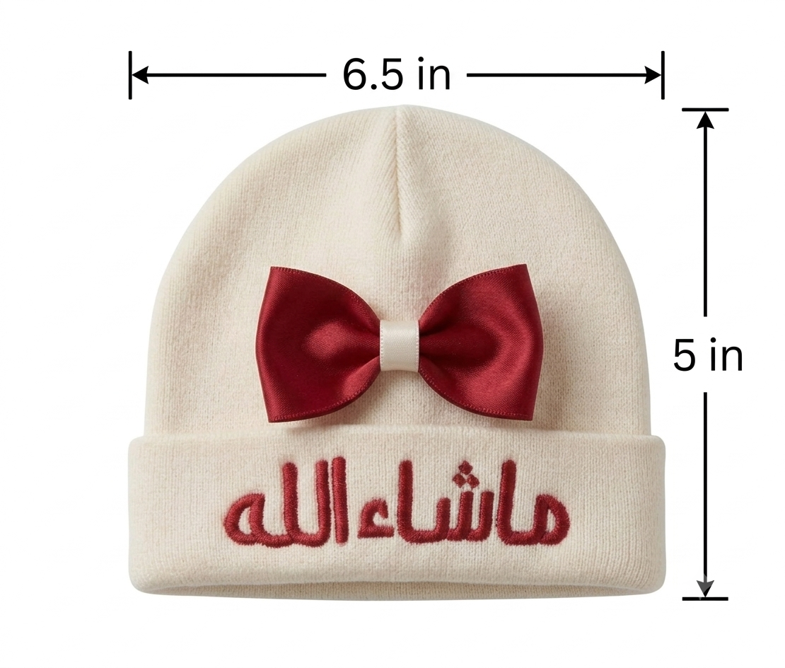 Customized Newborn Baby Cap with Red Bow and Red Arabic Embroidery ("Mashallah") - Off-White