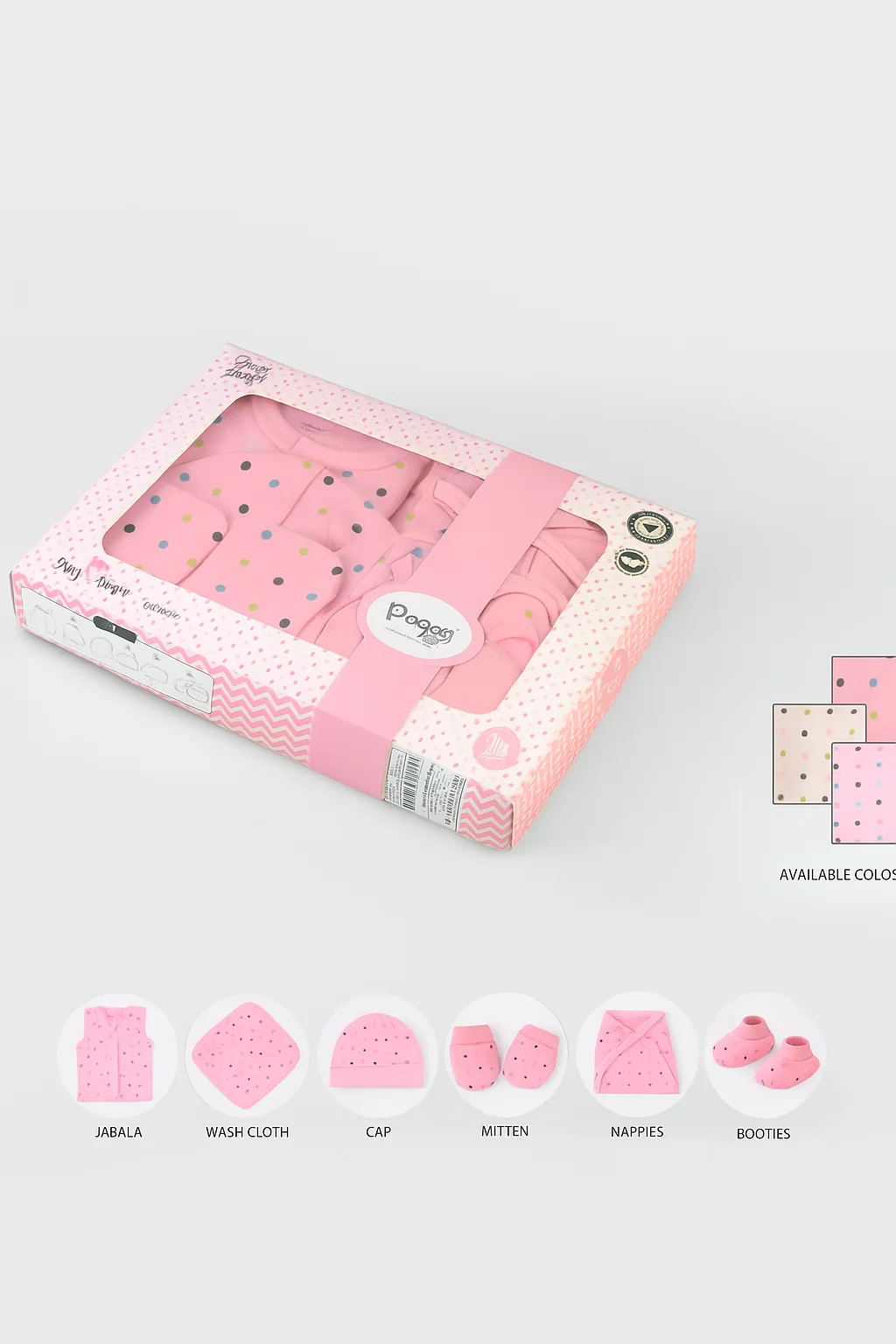 Popees Soft Cotton Baby Gift Set – Light Pink with Dark Pink & Light Blue Polka Dots (6-Piece Set)